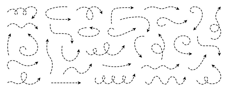 Dash line arrows doodle set.  Dotted zigzag arrow stripes, curved pointers. Hand drawn vector illustration isolated on white background