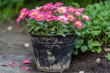 Pink marguerite daisies growing in rustic metal pot in garden setting