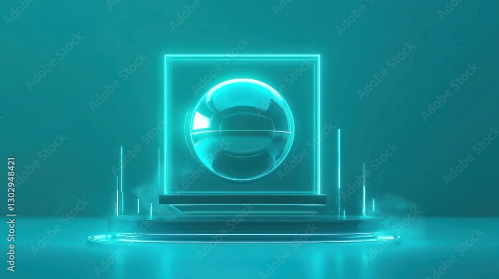 Poster abstract glowing orb with neon square frame on platform