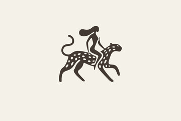 Boho abstract woman riding leopard in minimalistic style