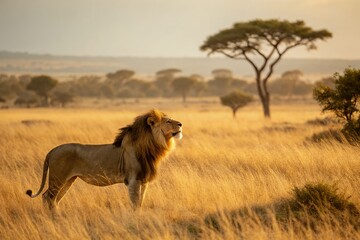Majestic Lion Standing Proudly in a Golden Sunset Savannah Landscape