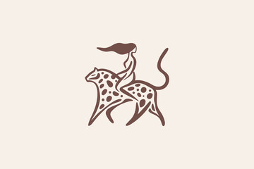 Boho abstract woman riding leopard in minimalistic style