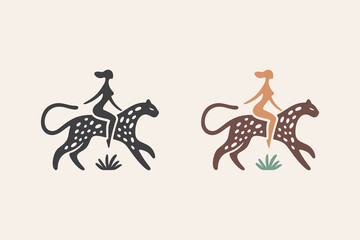 Boho abstract woman riding leopard in minimalistic style