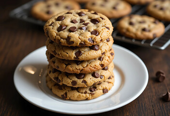 A Stack of Homemade testy delicious Chocolate Chip Cookies on Rustic Wooden Table 