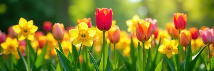 Vibrant tulips, daffodils burst forth against lush green backdrop, celebration, tulips, sunny