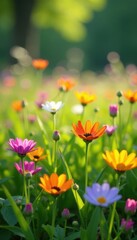 Fototapeta premium Vibrant wildflowers in lush meadow, sunlight dappled , wildflower field, wild, petal