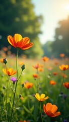 Fototapeta premium Vibrant wildflowers bloom in a sun-drenched meadow , natural, vibrant