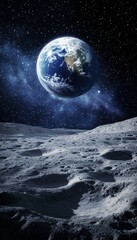 Stunning view of earth rising over the moon s surface against the vastness of deep space