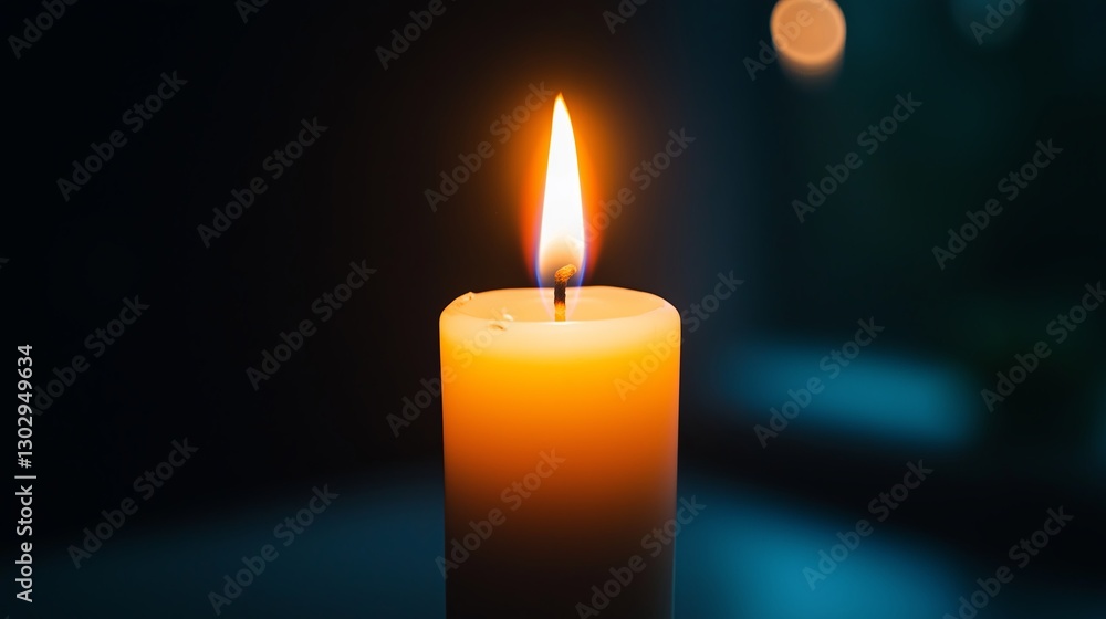 Poster a single white candle with a soft flame in the center of the frame