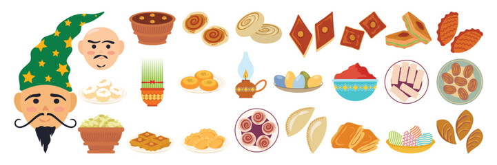 Nowruz holiday spring elements set. Flat Illustration sweets and tradition. Norooz, Nawrouz, Novruz, Nowrouz, Navruz and Nevruz