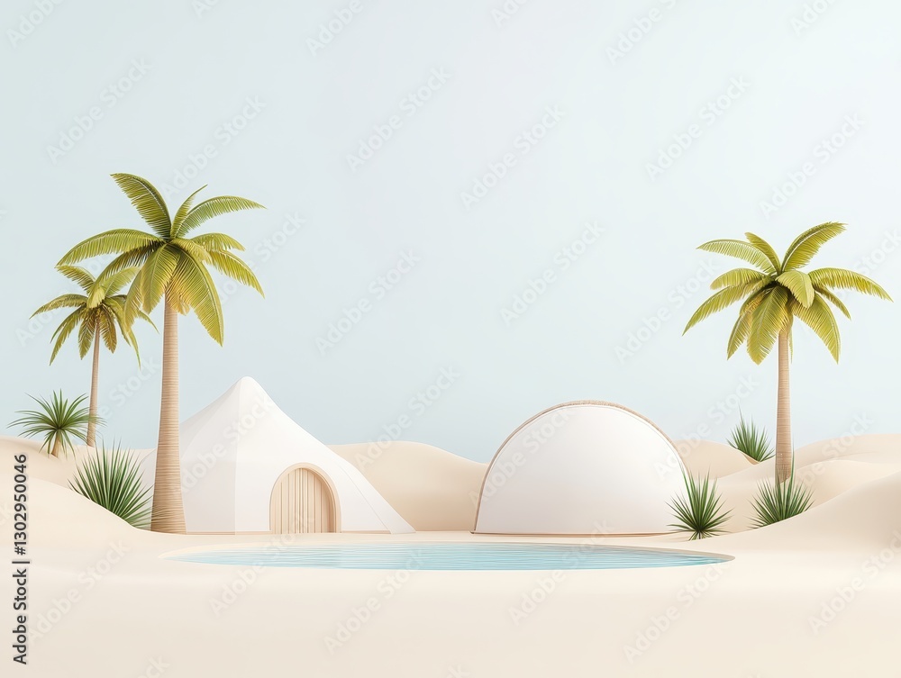 Poster serene desert oasis with modern structures and palm trees under a clear sky
