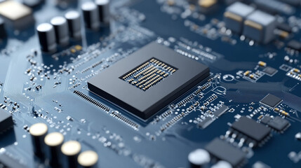 Close up of a Computer Motherboard with CPU Circuit Board Technology Electronics Microchip