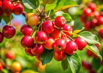 Tiny Red Crab Apples on Branch, Summer Orchard, Green Leaves - Stock Photo