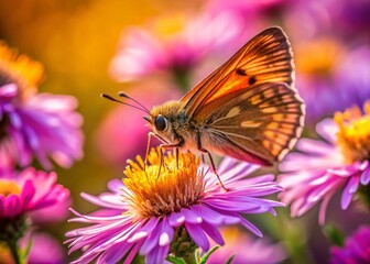 Fototapeta premium Tiny Skipper Butterfly on Pink Aster Flowers - Close-up Macro Photography