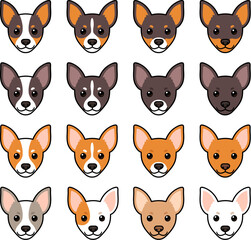Fototapeta premium Cute cartoon Terrier colors and patterns set. Dog breed face markings. Vector clip art illustration.
