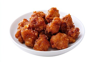 A close-up view of crispy, golden-brown fried chicken karaage pieces served in a white bowl, highlighting their texture