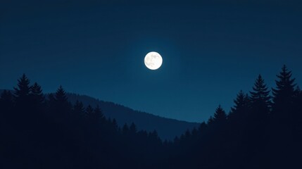 Serene Night Scene Full Moon Illuminating Silhouetted Pine Forest on Rolling Hills