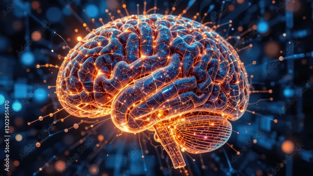 Poster glowing brain illustration surrounded by abstract neural network connections and data points