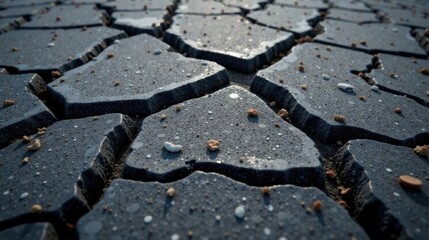 Obraz premium Close-up view of dark grey cracked paving stones with small debris scattered across the surface