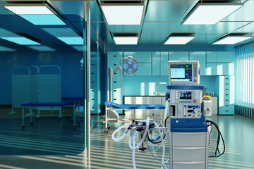 Resuscitation equipment. Medical device for inducing patient into anesthesia. Equipment for anesthesiologist inside clinic. Medical technologies to save patient. Resuscitator in room with couch