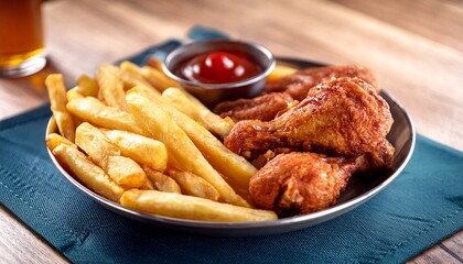 french fries and chicken and ketchup