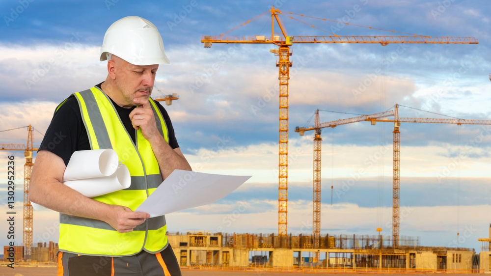 Poster man builder thought. engineer touches his chin. architect on background of buildings under construct