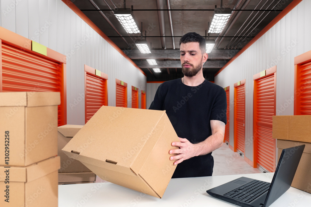 Poster man in warehouse. corridor with storage units behind guy. table with boxes and laptop in front of ma