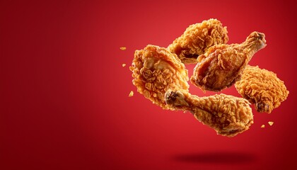 Fototapeta premium floating fried chickens on air in red clean background