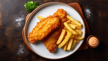 fish and chips dish, captured from a top-down perspective. The golden, crispy fish fillets a