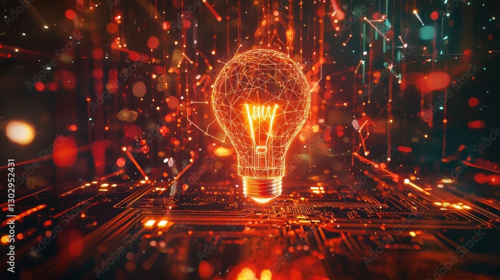 Poster bright light bulb surrounded by glowing circuits and digital elements in a futuristic setting
