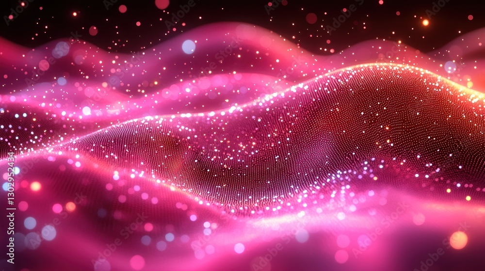 Poster abstract glowing wave of pink and red particles with bokeh effects