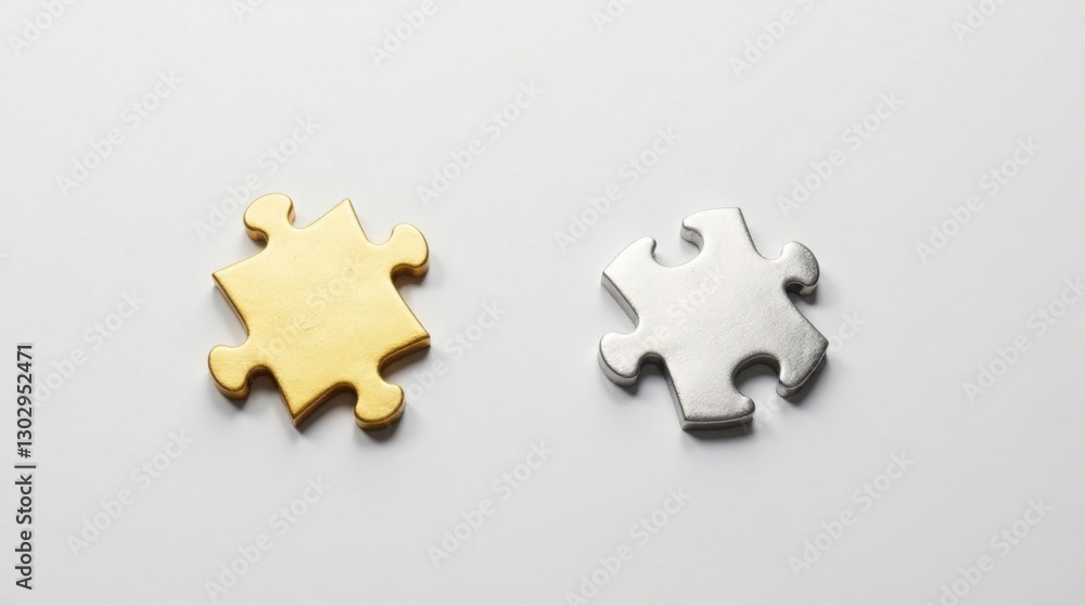Poster Two Metallic Puzzle Pieces Representing Completion and Unity