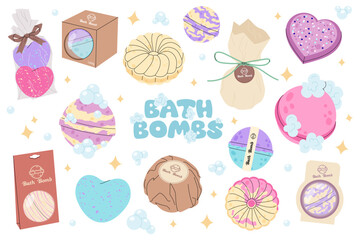 Set of bath bombs. Aroma cosmetic product  for body care. Сhildren hygiene procedure. Foam and bubbles illustration.