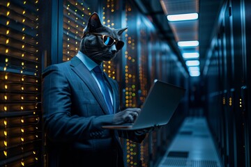 Obraz premium IT Professional Admin Working on Laptop in Data Center Next to Server Racks Performing Diagnostics and Maintenance