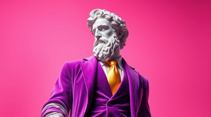 Statue in vivid attire. Sculpture of a figure in a suit against a vibrant pink backdrop. Unusual and modern.