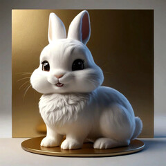 cute white rabbit, bunny, gold, white background