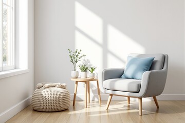 Minimalist living room with chair, table, plants, and knitted pouf in natural light.