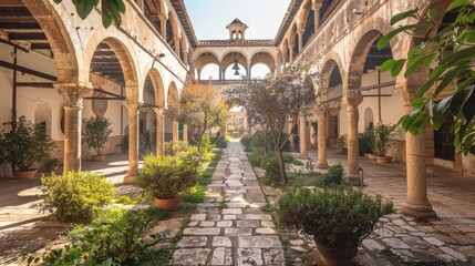 Naklejka premium Tranquil Courtyard Oasis: Embracing Nature and Architecture