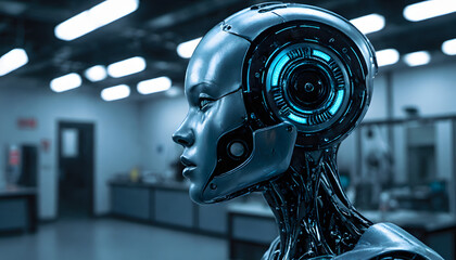 Robot woman profile with a metallic appearance in a futuristic workshop background