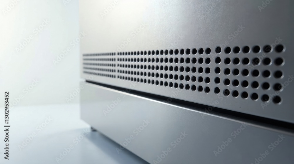 Poster close-up of a metallic surface with a repeating pattern of small holes for ventilation