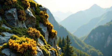 Rocky outcrop adorned with vibrant yellow and green flora, overlooking a serene mountain range bathed in soft sunlight