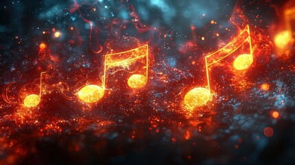 Glowing Music Notes Arrangement with Dynamic Energy and Abstract Background