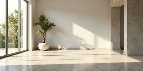 Fototapeta premium Sunlit Minimalist Interior Design Featuring a Palm Plant in a Modern Room