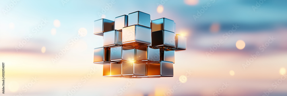 Poster a mesmerizing composition reveals a giant cube constructed from numerous smaller cubes, all suspende