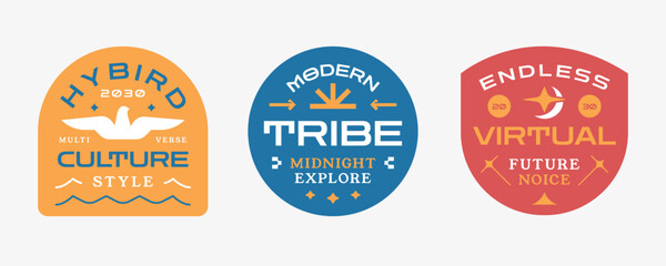 Streetwear badges labels, stickers collection. Apparel logos with geometric element in modern y2k style.