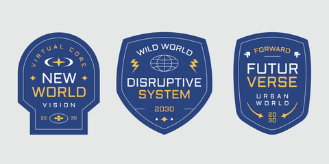 Streetwear badges labels, stickers collection. Apparel logos with geometric element in modern y2k style.