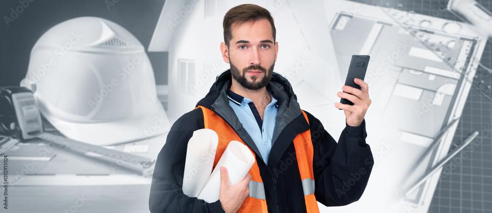 Aufkleber man architect. construction engineer with phone in his hands. architect looks at camera. builder des