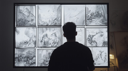 Person silhouette viewing city lights through window with reflection at night