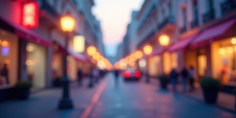 Evening Ambiance on a Pedestrian Street with Softly Lit Shops and a Blurred Background of People Walking