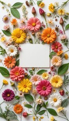 Vibrant Gerbera Daisies and Foliage Frame an Elegant Blank Card Template